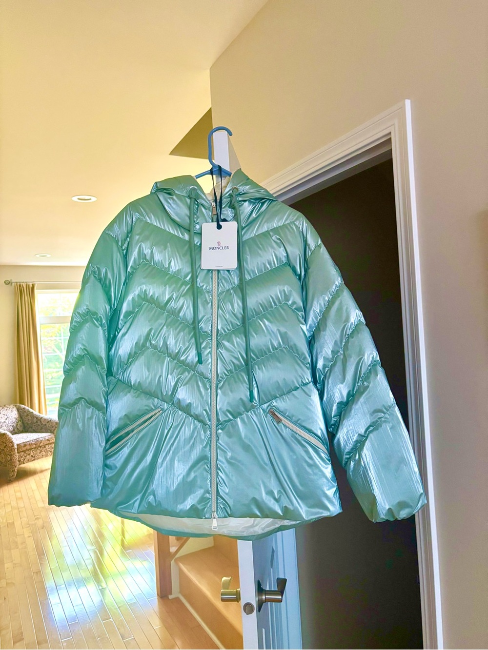 New Moncler Shiny Mint Green Quilted Hooded Puffer